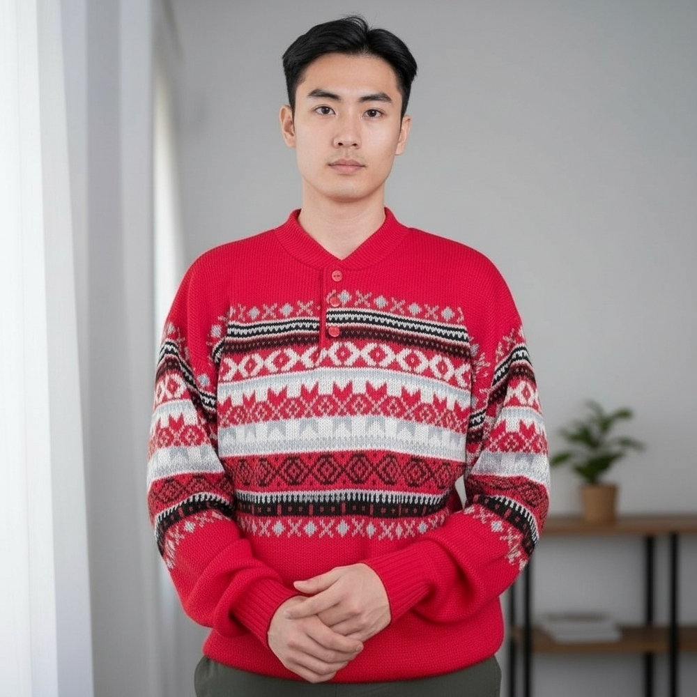 90s Dad Sweater Red Fair Isle Nordic Pullover Sz M L Retro Holiday Chunky